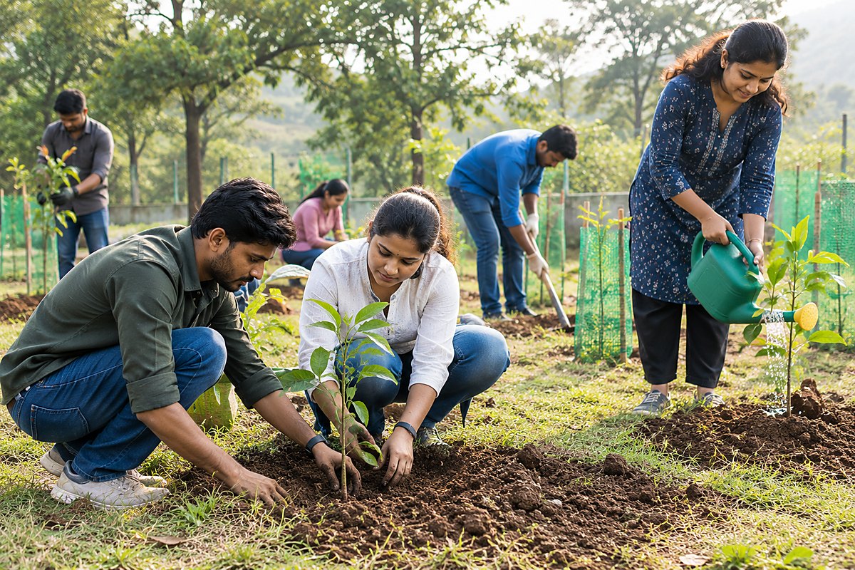 Volunteers planting and watering saplings